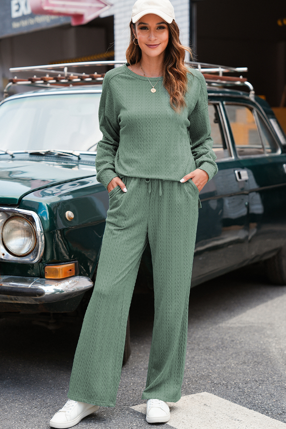 Smoke Green Textured Round Neck Sweatshirt & Loose Drawstring High Waist Pant Set