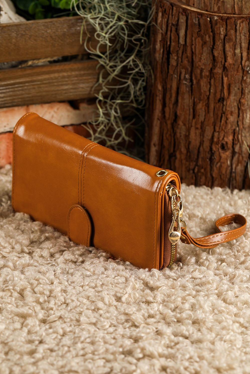 Cinnamon Faux Leather Zip Around Wrist Strap Long Wallet