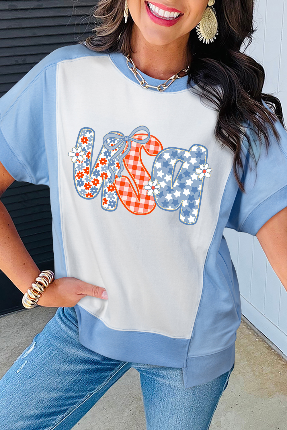 Sky Blue Star Plaid Flower USA Graphic Color Block Crewneck T Shirt