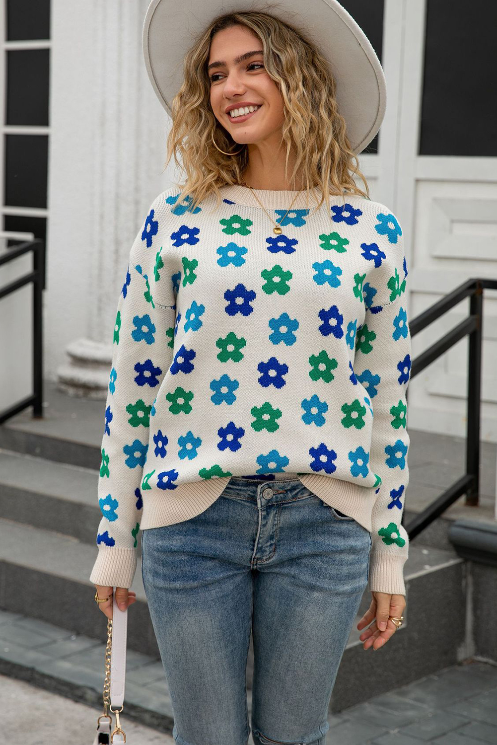 Apricot Cute Flower Allover Ribbed Trimmed Drop Shoulder Pullover Sweater