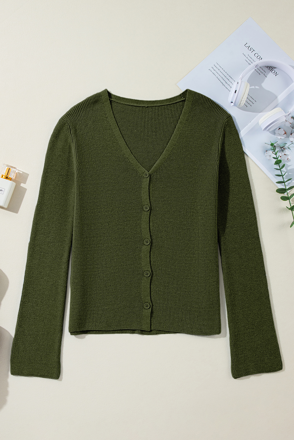 Moss Green Lightweight Ribbed Knit Button Front V Neck Cardigan