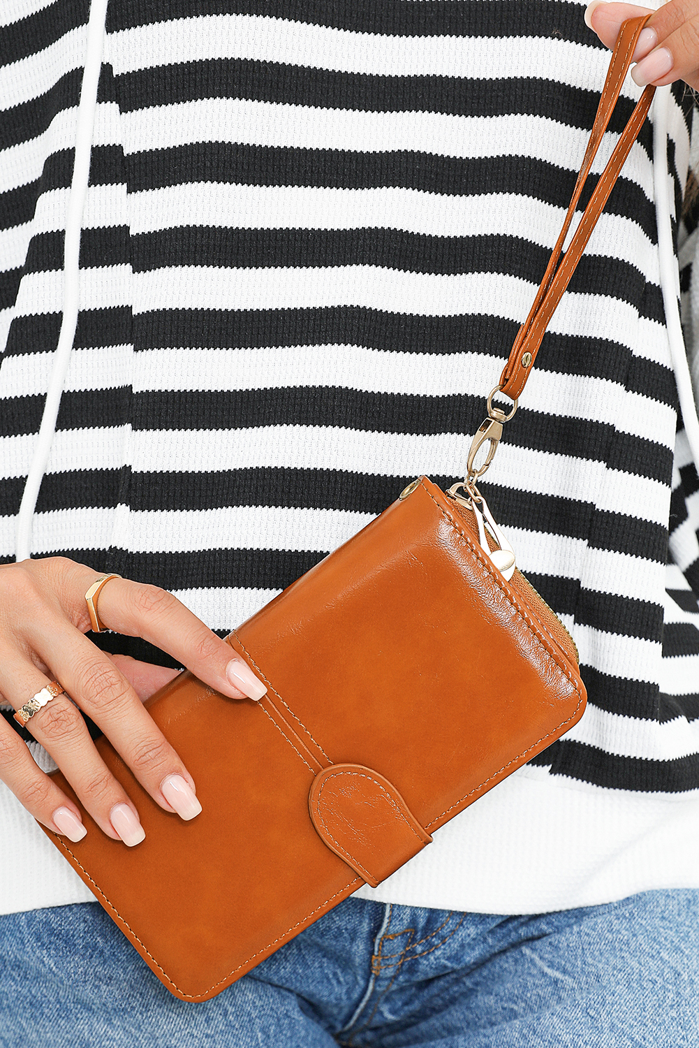 Cinnamon Faux Leather Zip Around Wrist Strap Long Wallet