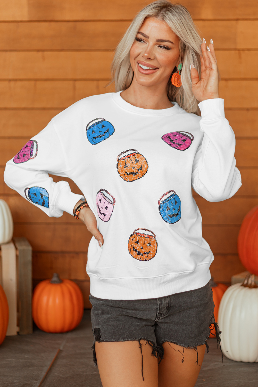 White Halloween Pumpkin Lantern Sequin Patched Sweatshirt