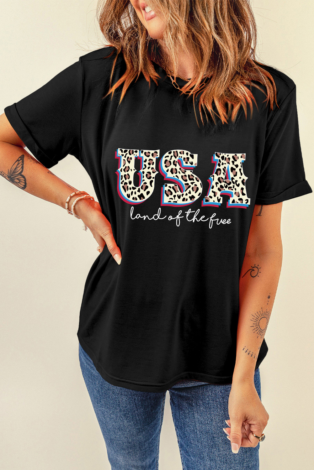 Gray Blooming USA Flag Print Casual T Shirt