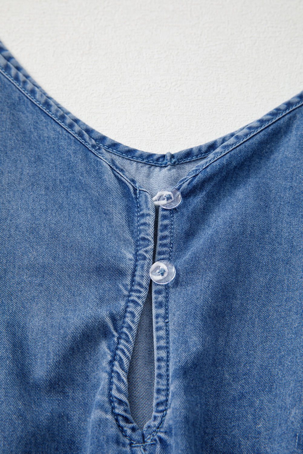 Ashleigh Blue Spaghetti Straps V Neck Belted Ruffled Leg Chambray Romper