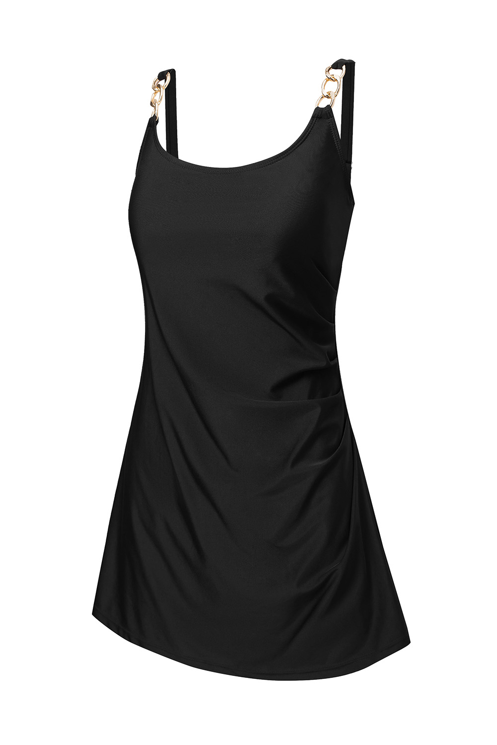 Black Grommet Shoulder Strap Pleated Swim Dress