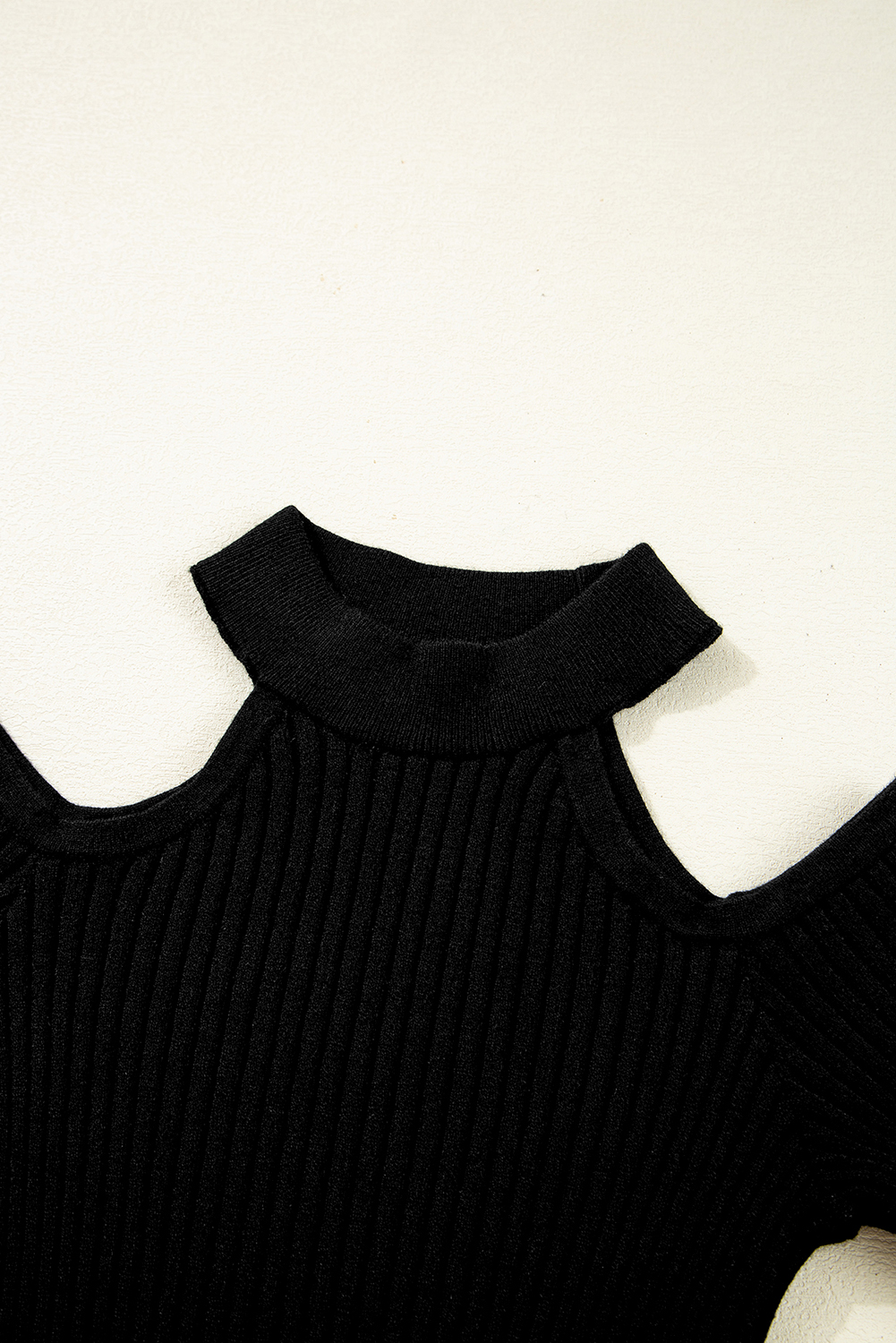 Black Ribbed Knit Cold Shoulder Choker Neck Sweater