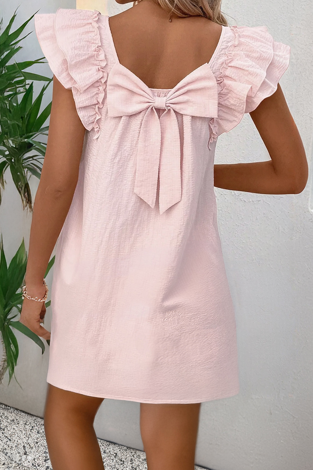 Beau Blue Textured Bow Knot Frilled Butterfly Sleeve Blouse