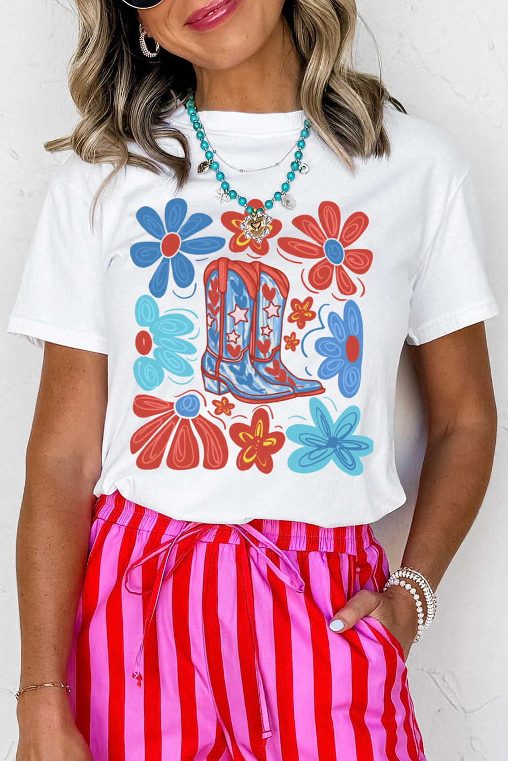 White Floral Cowgirl Boots Print Independence Day T Shirt