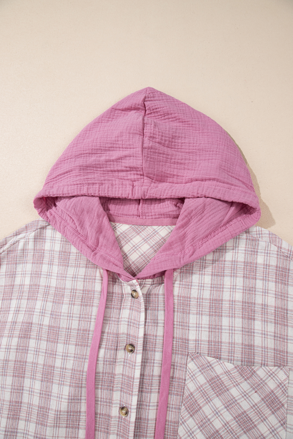 Khaki Checkered Print Loose Fit Buttoned Hooded Shacket
