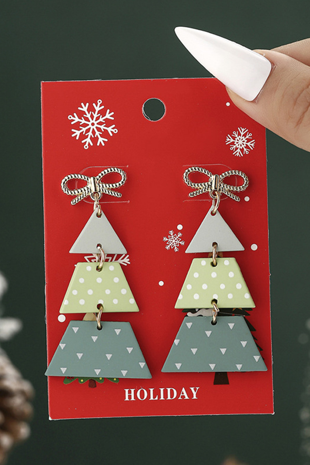 Light Green Geometric Christmas Tree Dangle Bow Accent Earrings