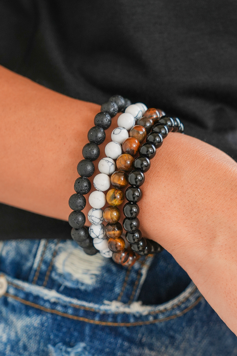 Black Retro Beaded Crystal 4pcs Bracelet Set