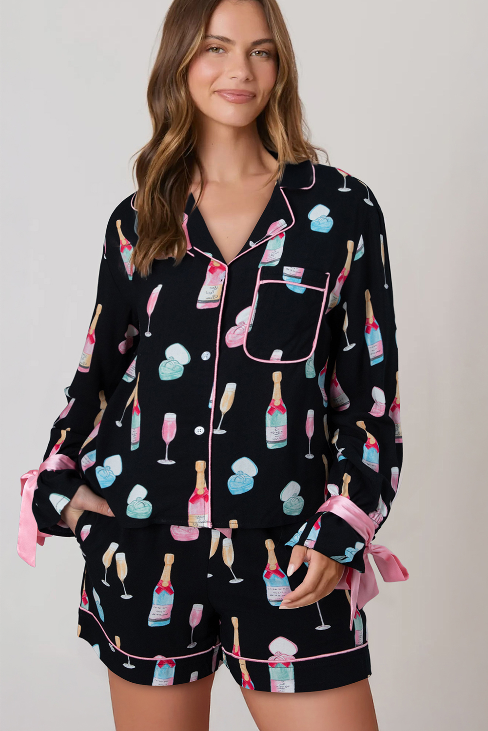 White Christmas Wine Glass Print Bow Knot Two Piece Pajama Set