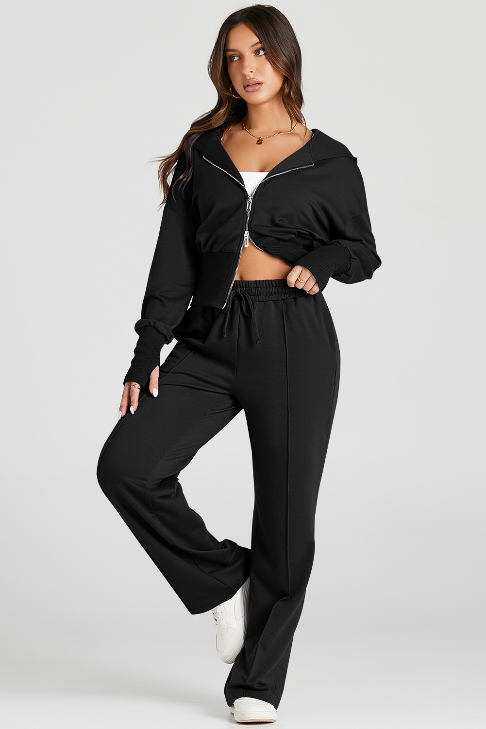 Gray Double Zipper Hooded Jacket and Sweatpants Active Set