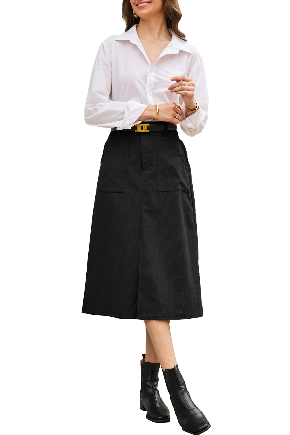 Coffee Front Slit Shift High Waist Midi Skirt