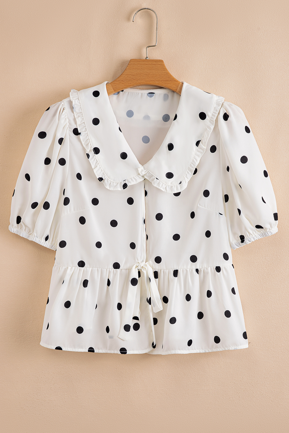 White Polka Dot Collared Lace up Font Puff Sleeve Peplum Top