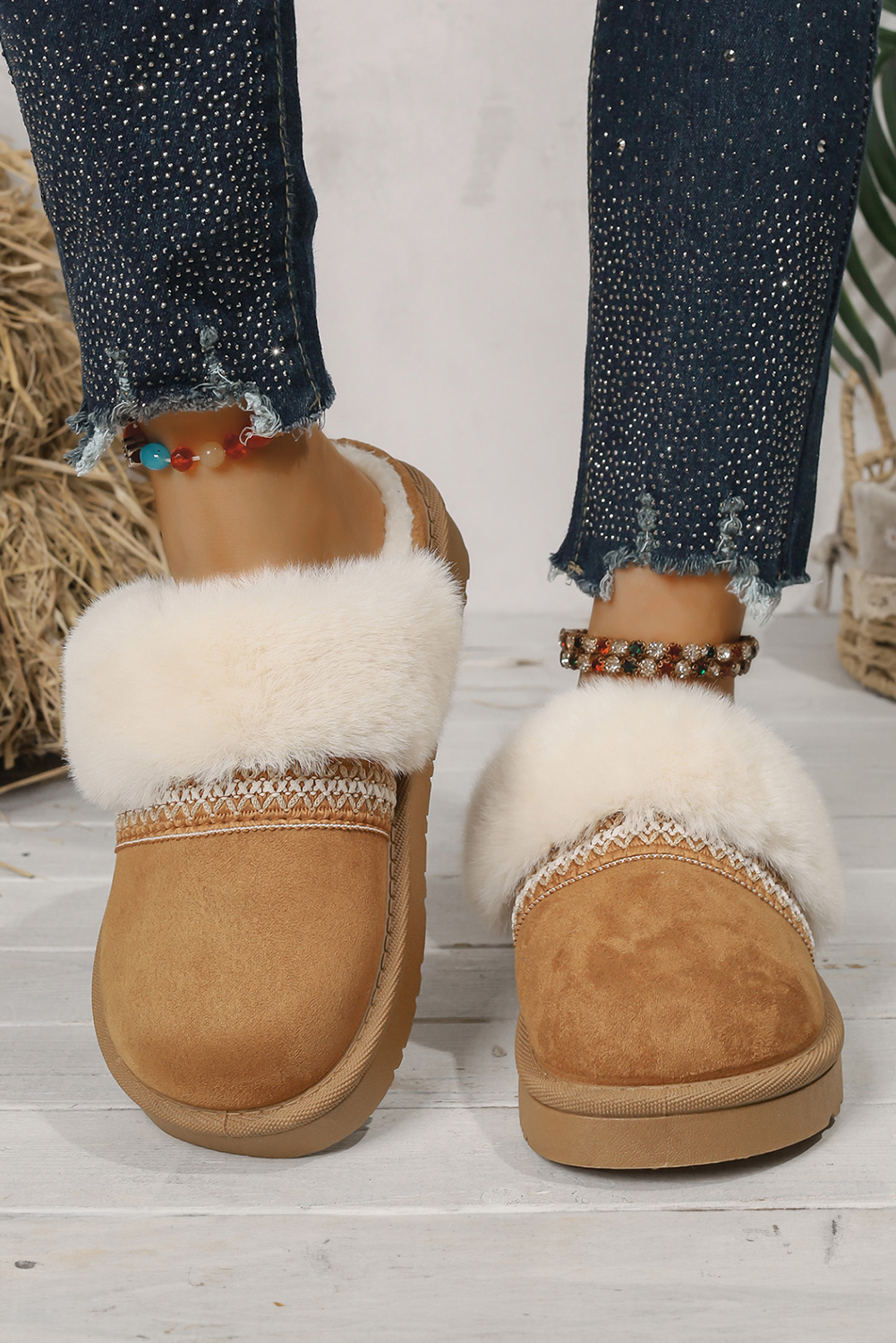 White Faux Suede Plush Trim Ethnic Mule Slippers