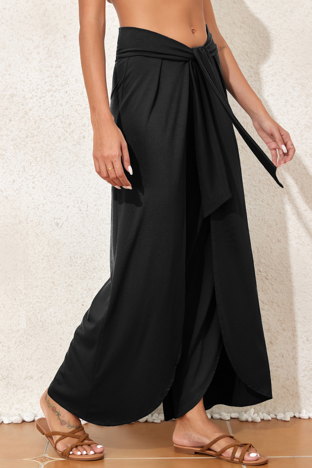 Medium Grey Knotted Drop Waist Split Leg Relaxed Pants