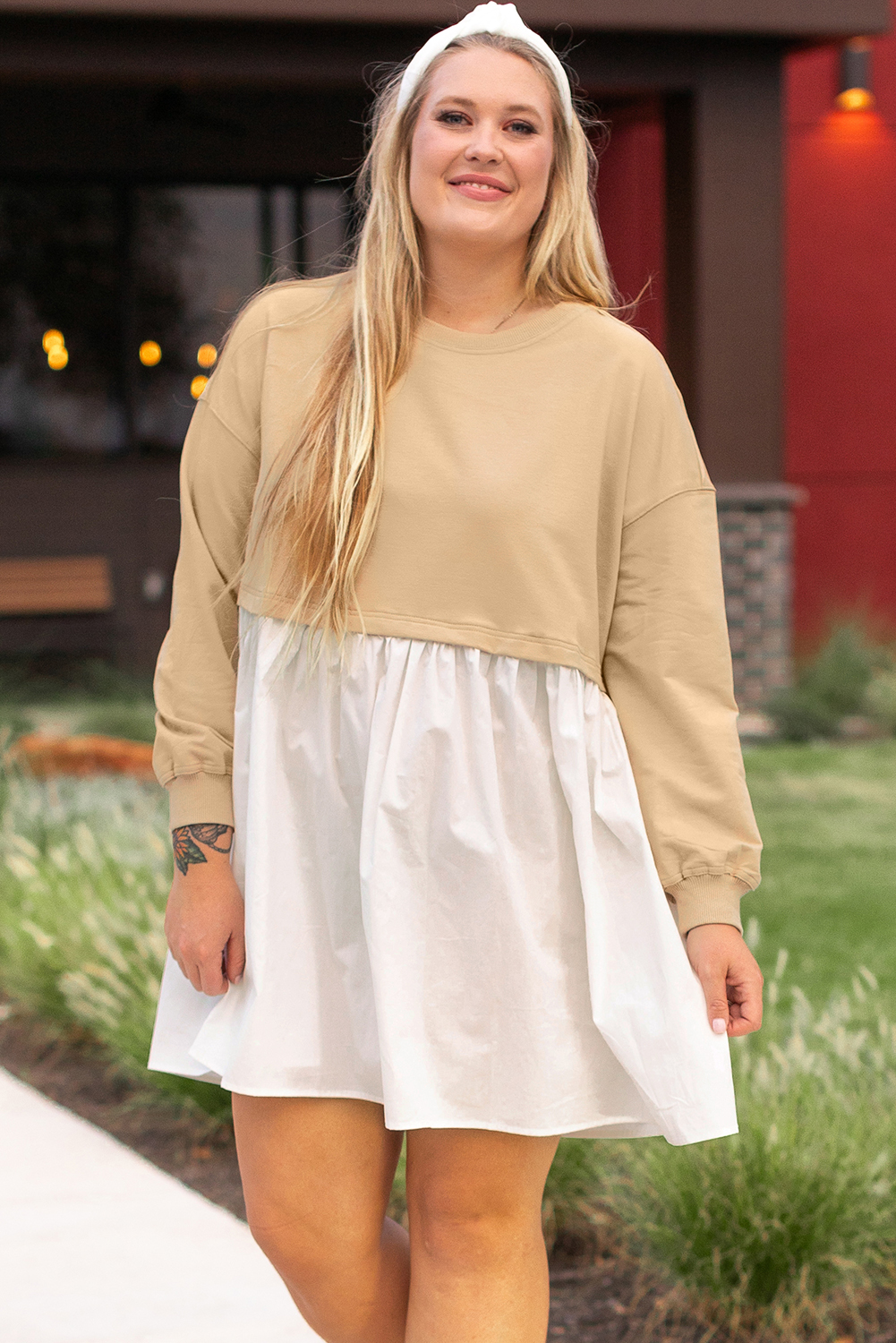 Pale Khaki Sweatshirt Poplin Mini Dress