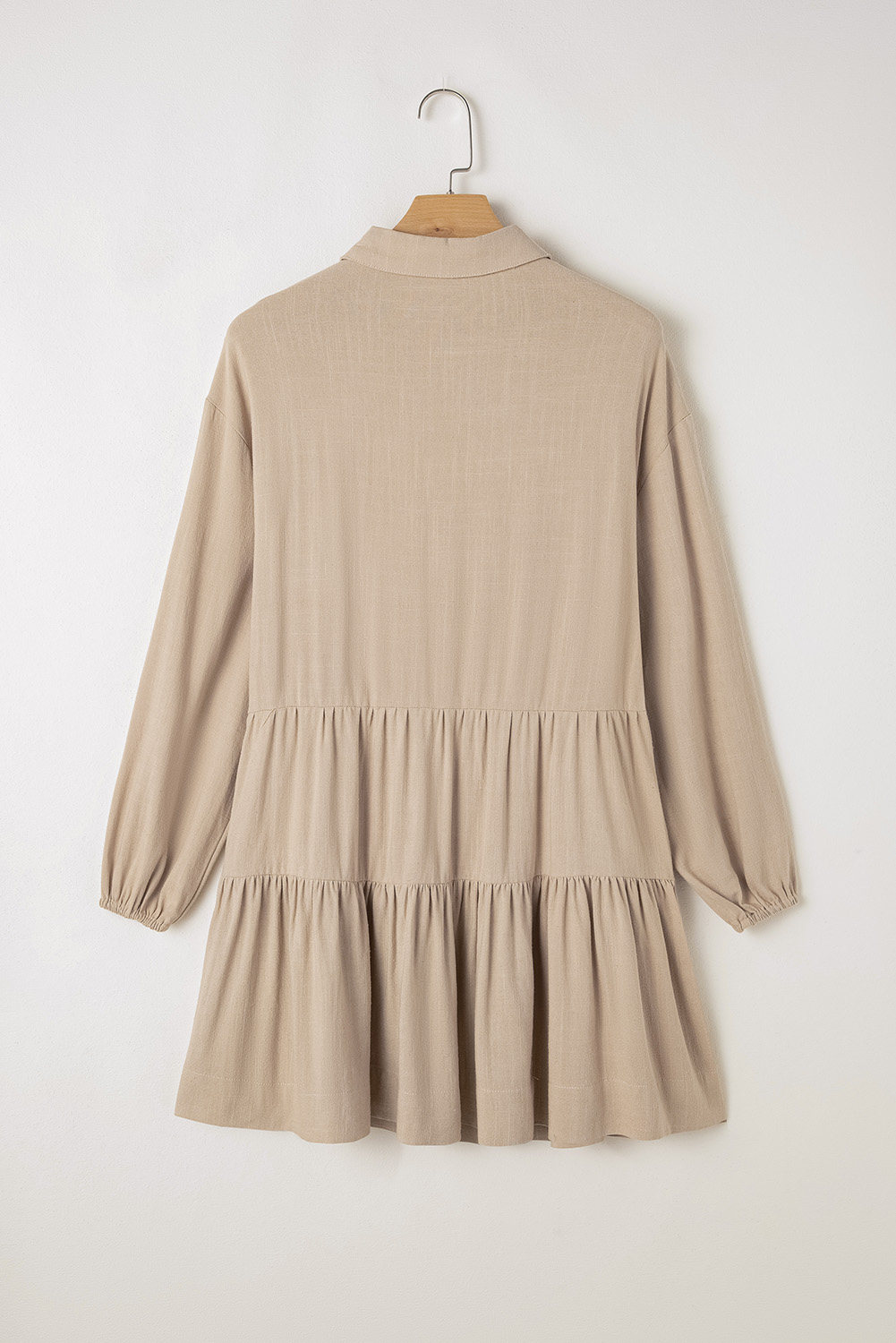 Jungle Green Puff Sleeve Buttoned Tiered Pleated Shirt Mini Dress