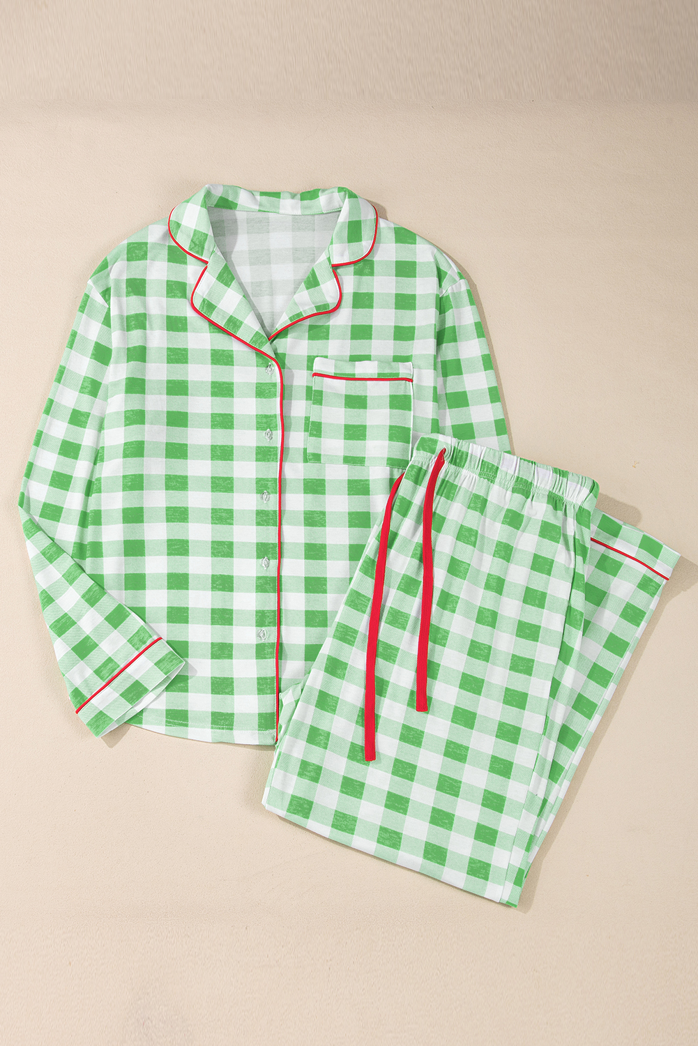Fiery Red Christmas Plaid Print Shirt and Pants Pajama Set