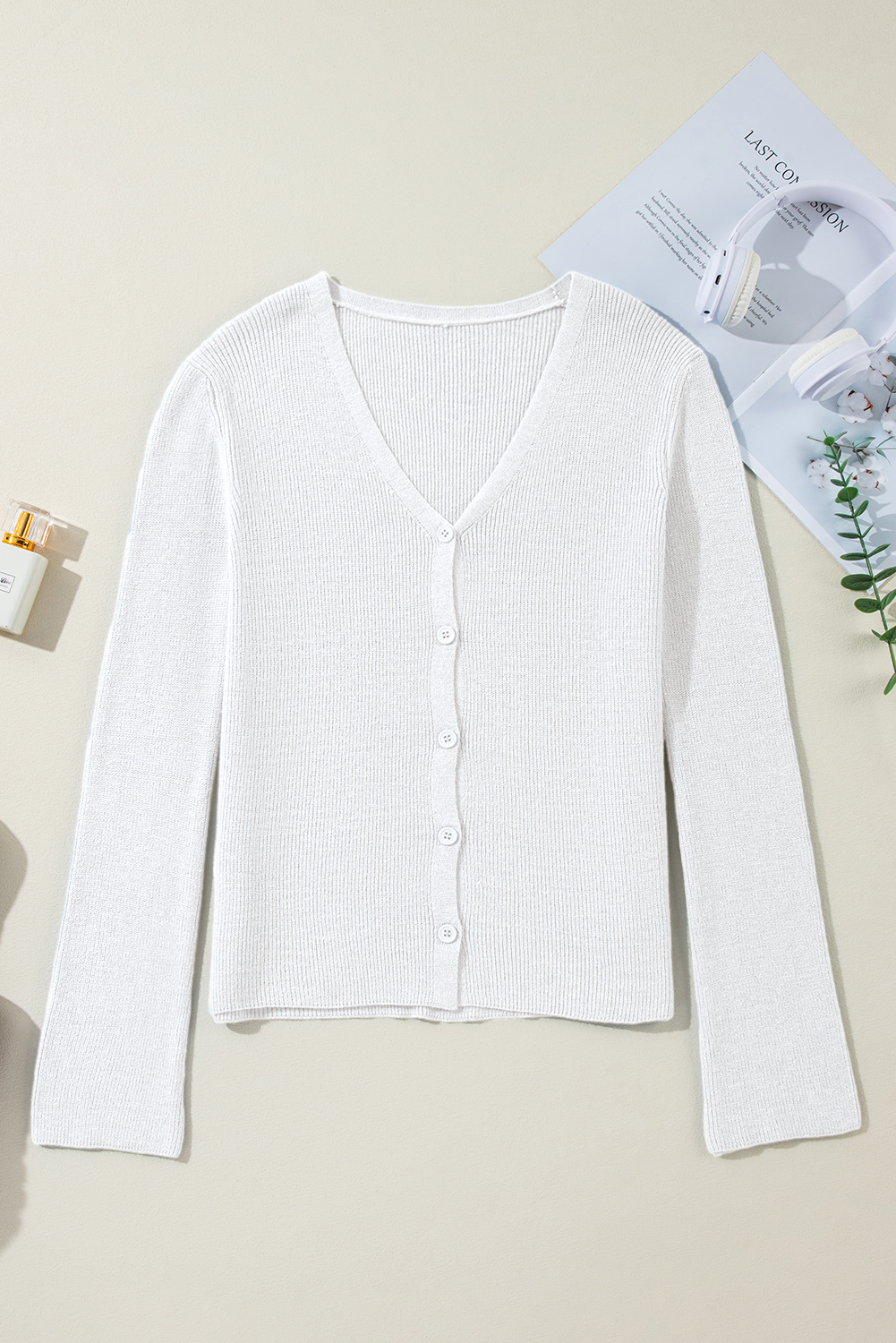 Moss Green Lightweight Ribbed Knit Button Front V Neck Cardigan