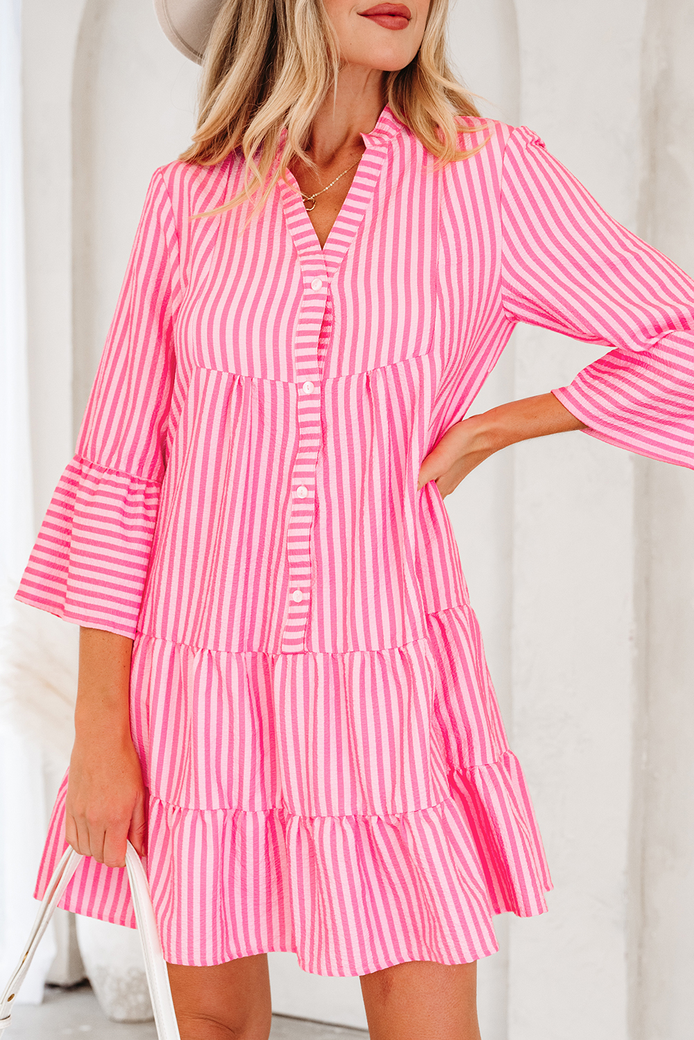 Pink Stripe Flare Sleeve Half Placket Tiered Flowy Mini Dress