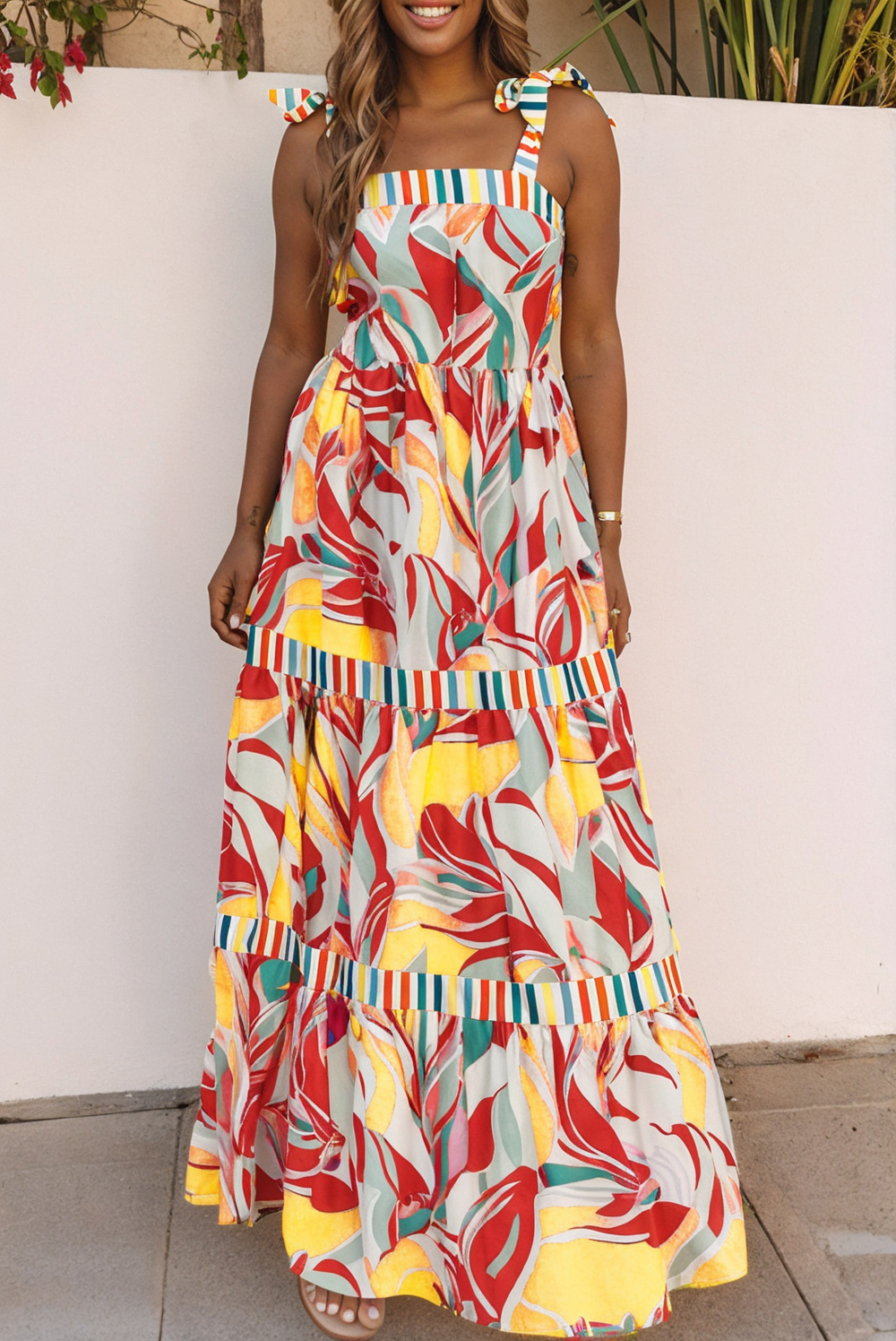 Sky Blue Abstract Print Striped Detail Knot Strap Maxi Dress