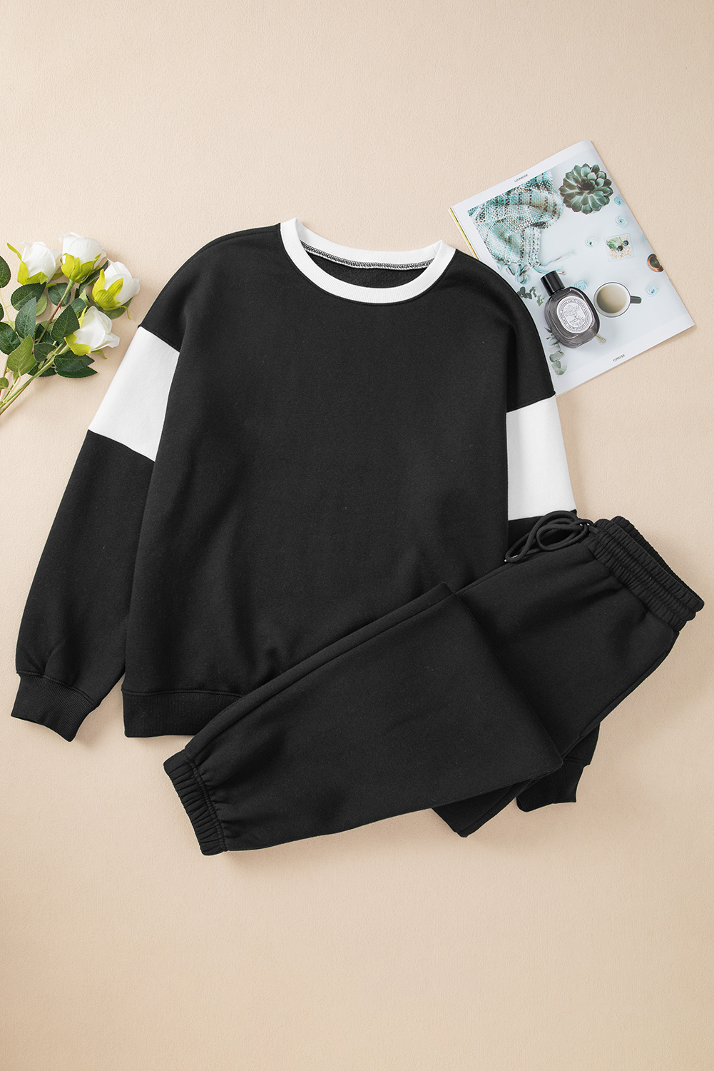 Black Drop Shoulder Loose Sweatshirt and Joggers Active Set