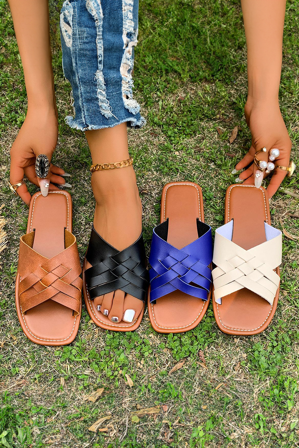 Coffee Crossed Woven Faux Leather Flat Fashion Slippers