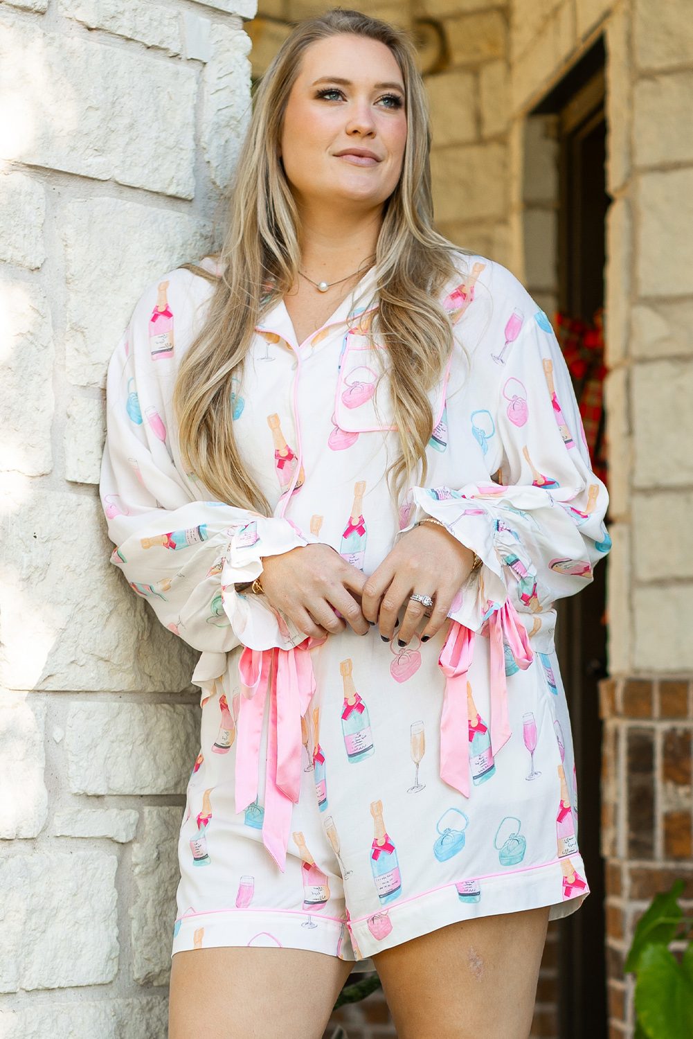White Christmas Wine Glass Print Bow Knot Two Piece Pajama Set