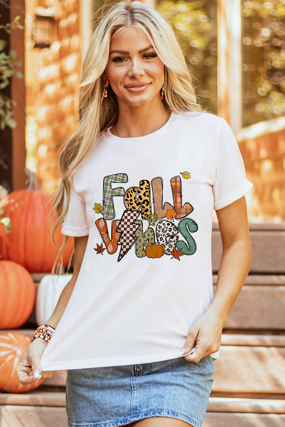 White FALL VIBES Cotton Blend Casual T Shirt