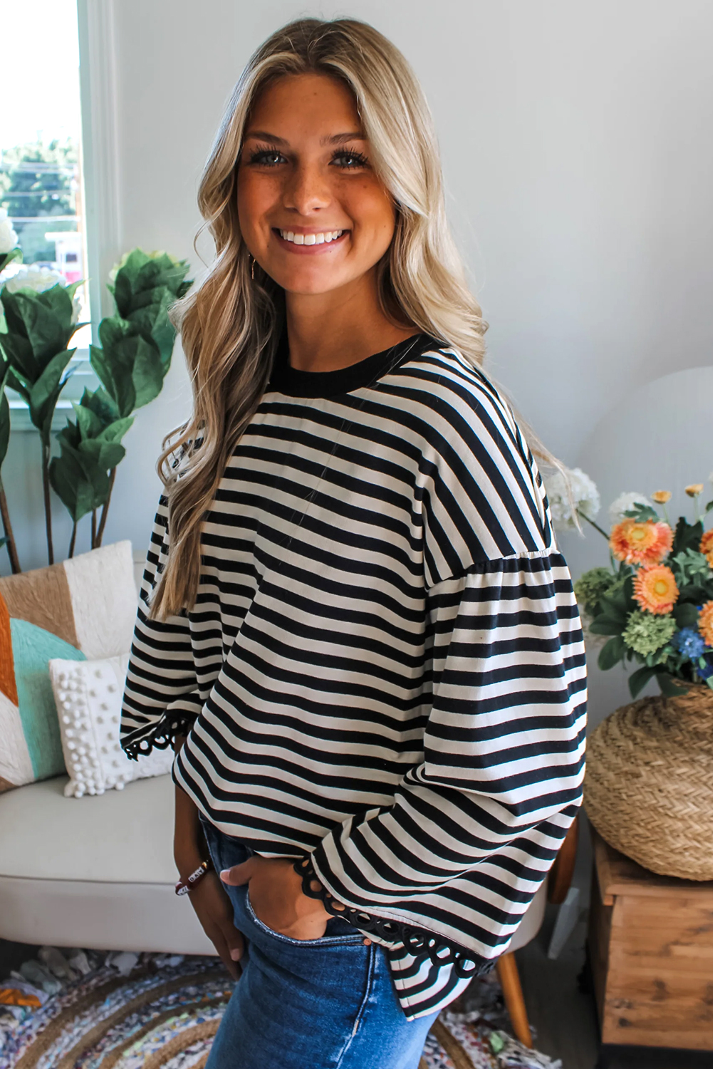 Racing Red Striped Print Drop Shoulder Lace Trim Bracelet Sleeve Loose Top