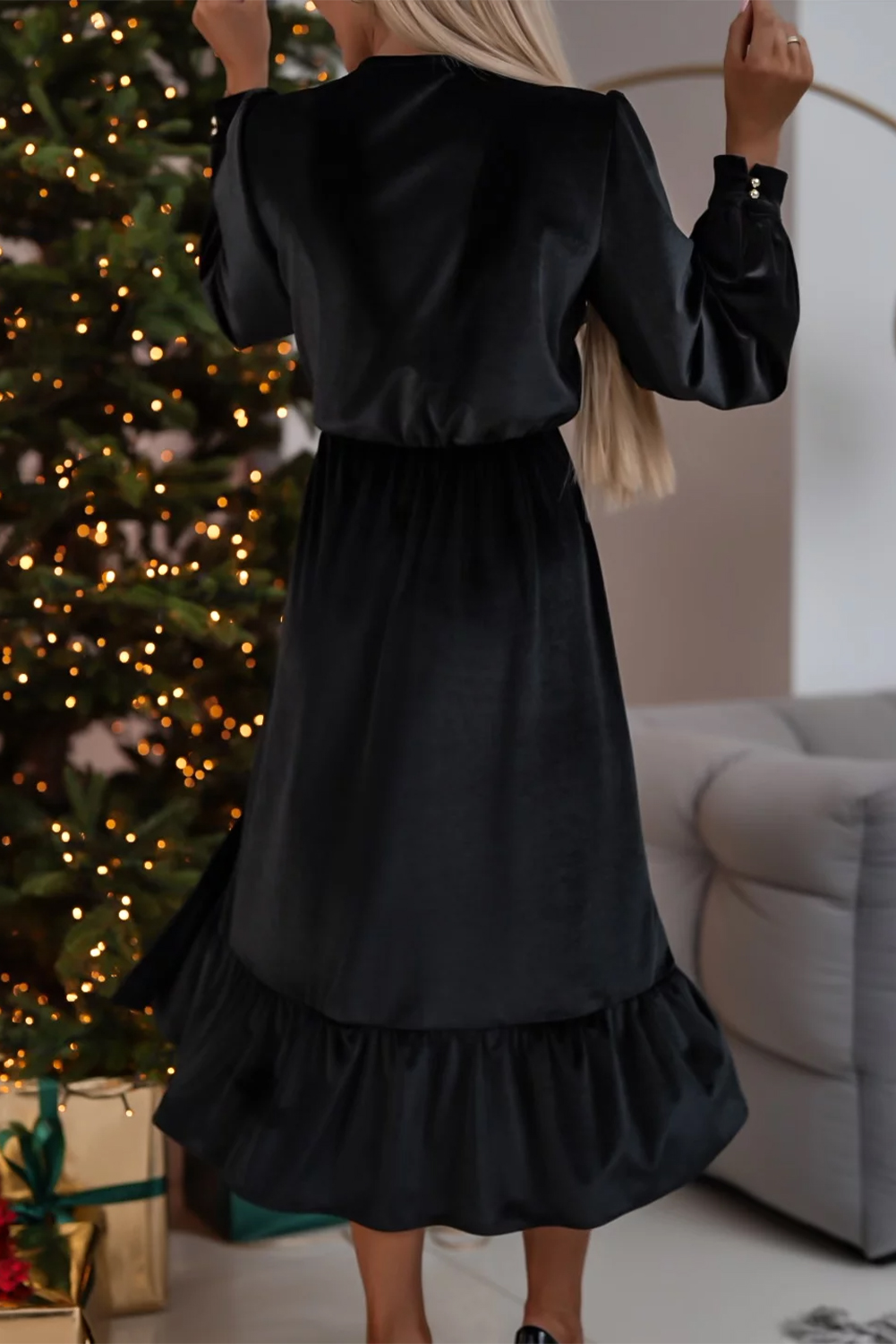 Dearlove Racing Red Velvet Buttoned Puff Sleeve V Neck Split Midi Dress