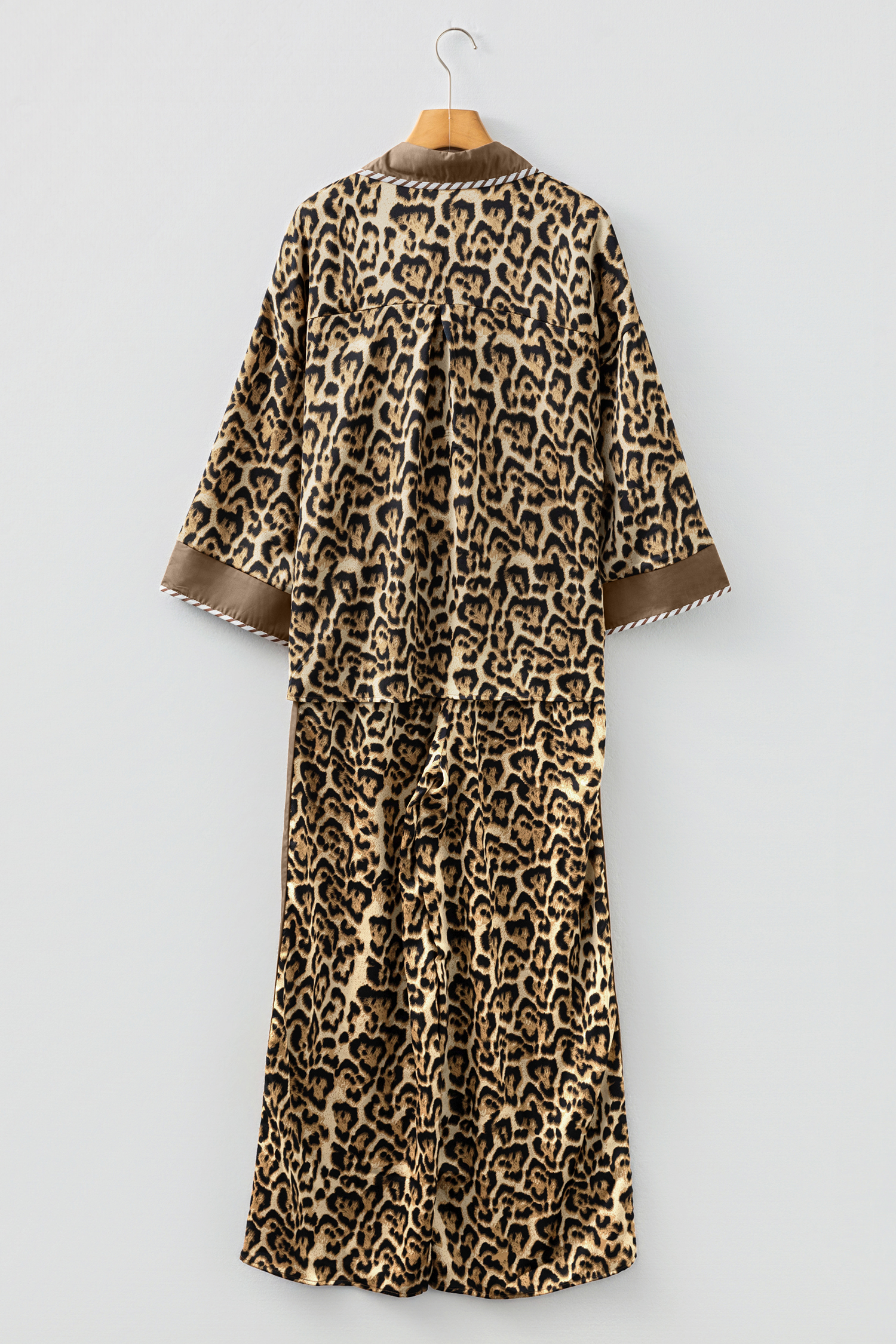 Brown Leopard Collared 3/4 Sleeve Shirt and Loose Pants Two Piece Outfit Set