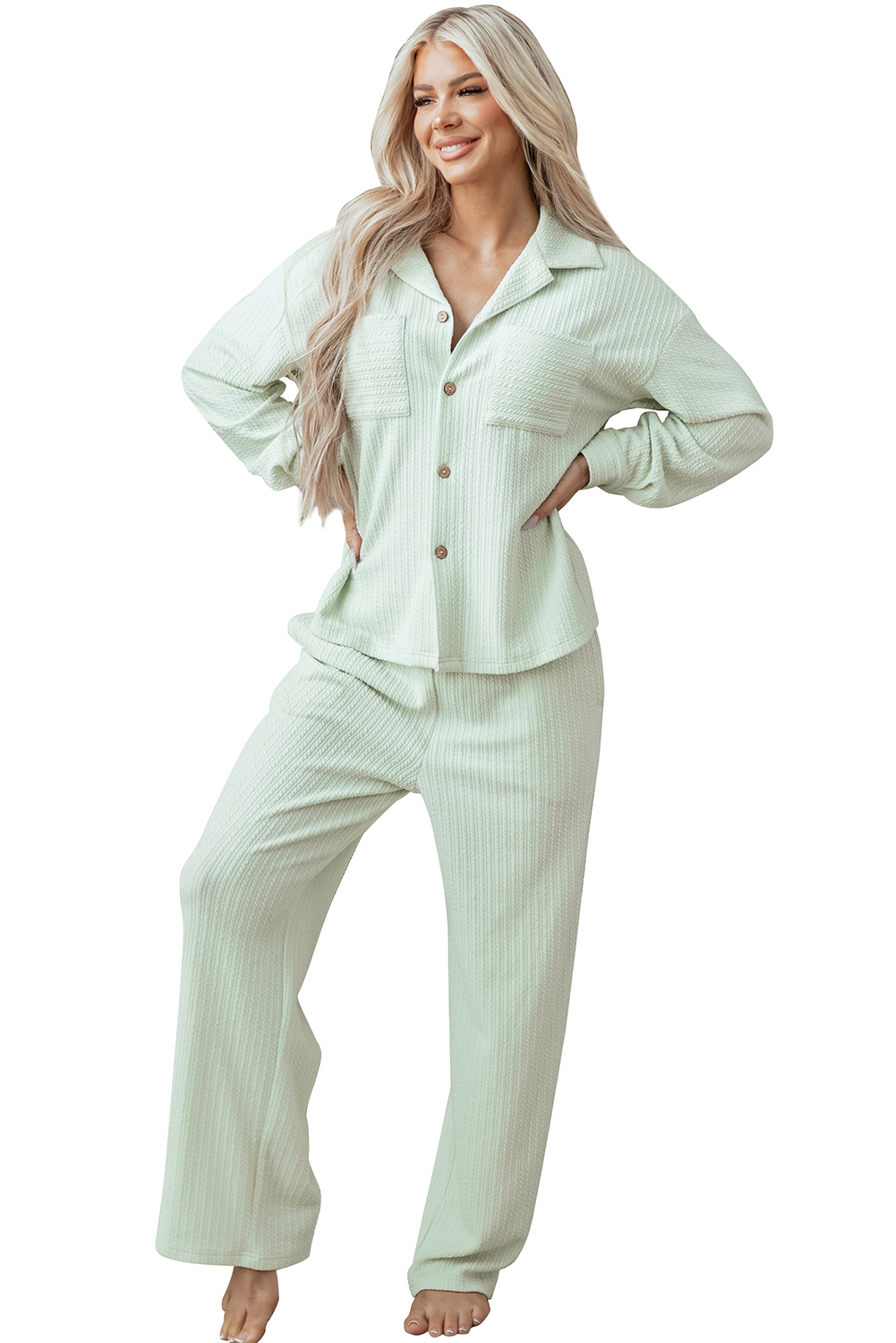 Clearly Aqua Textured Patched Chest Pocket Shirt and Pants Set
