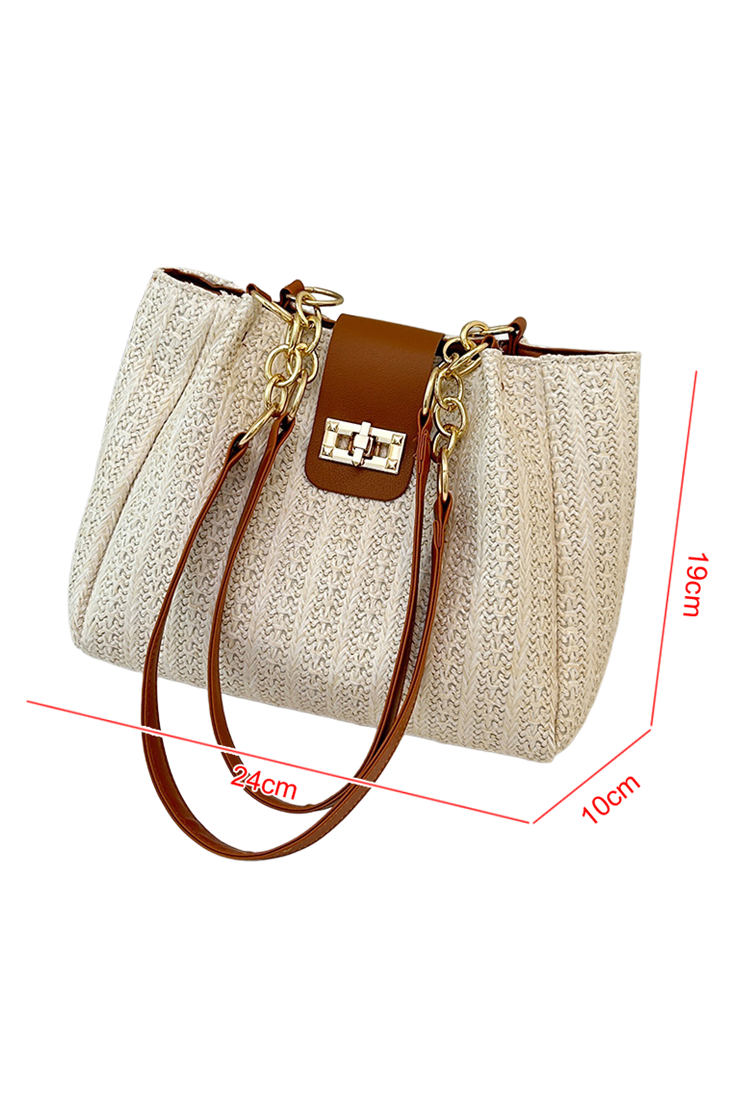 Coffee PU Leather Chain Handle Woven Textured Knit Tote Bag