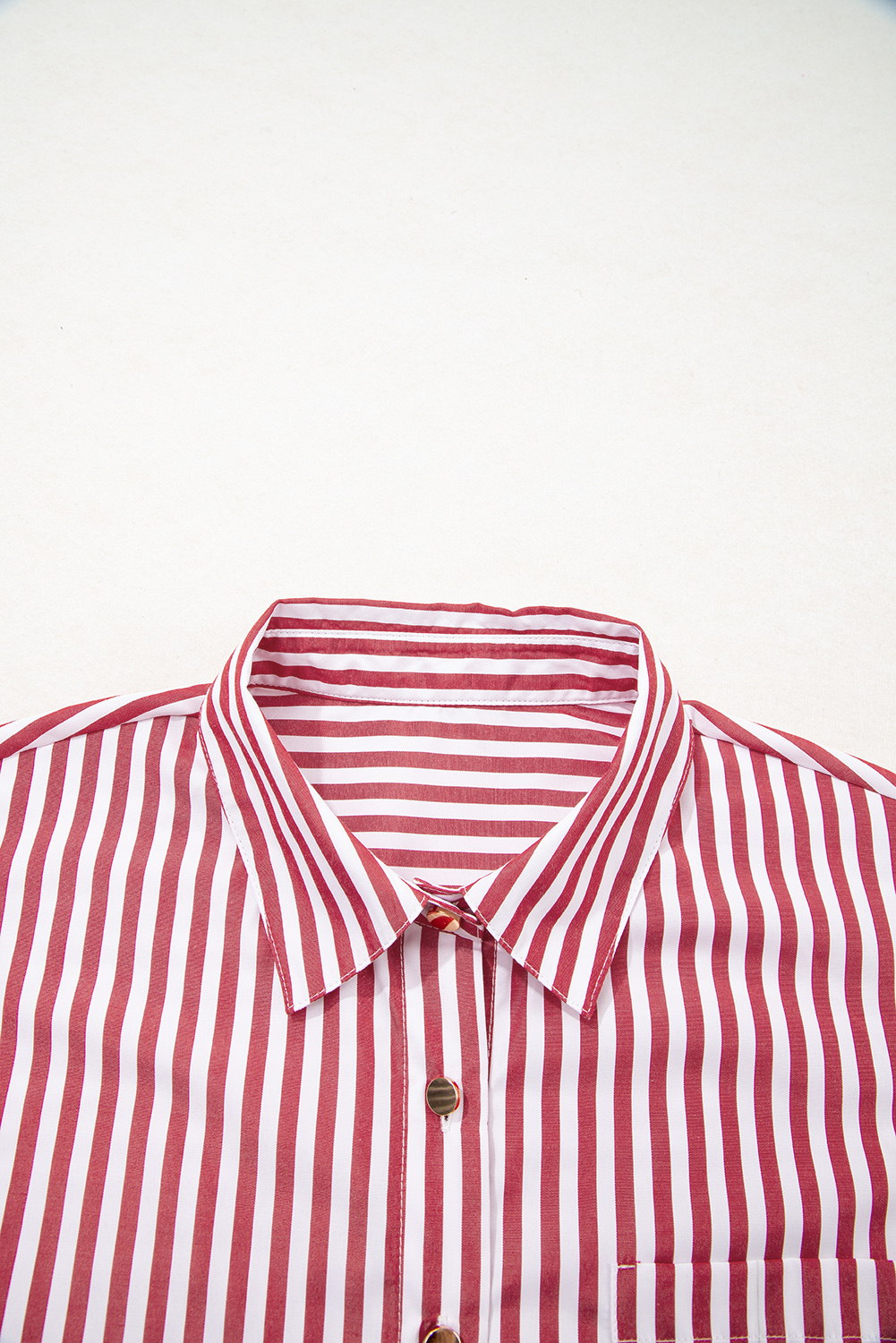 Red Stripe Patched Pocket Side Slit Loose Shirt