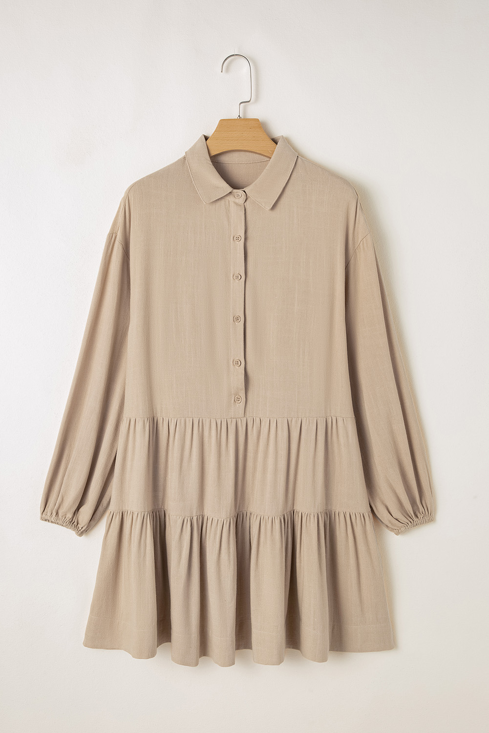 Jungle Green Puff Sleeve Buttoned Tiered Pleated Shirt Mini Dress