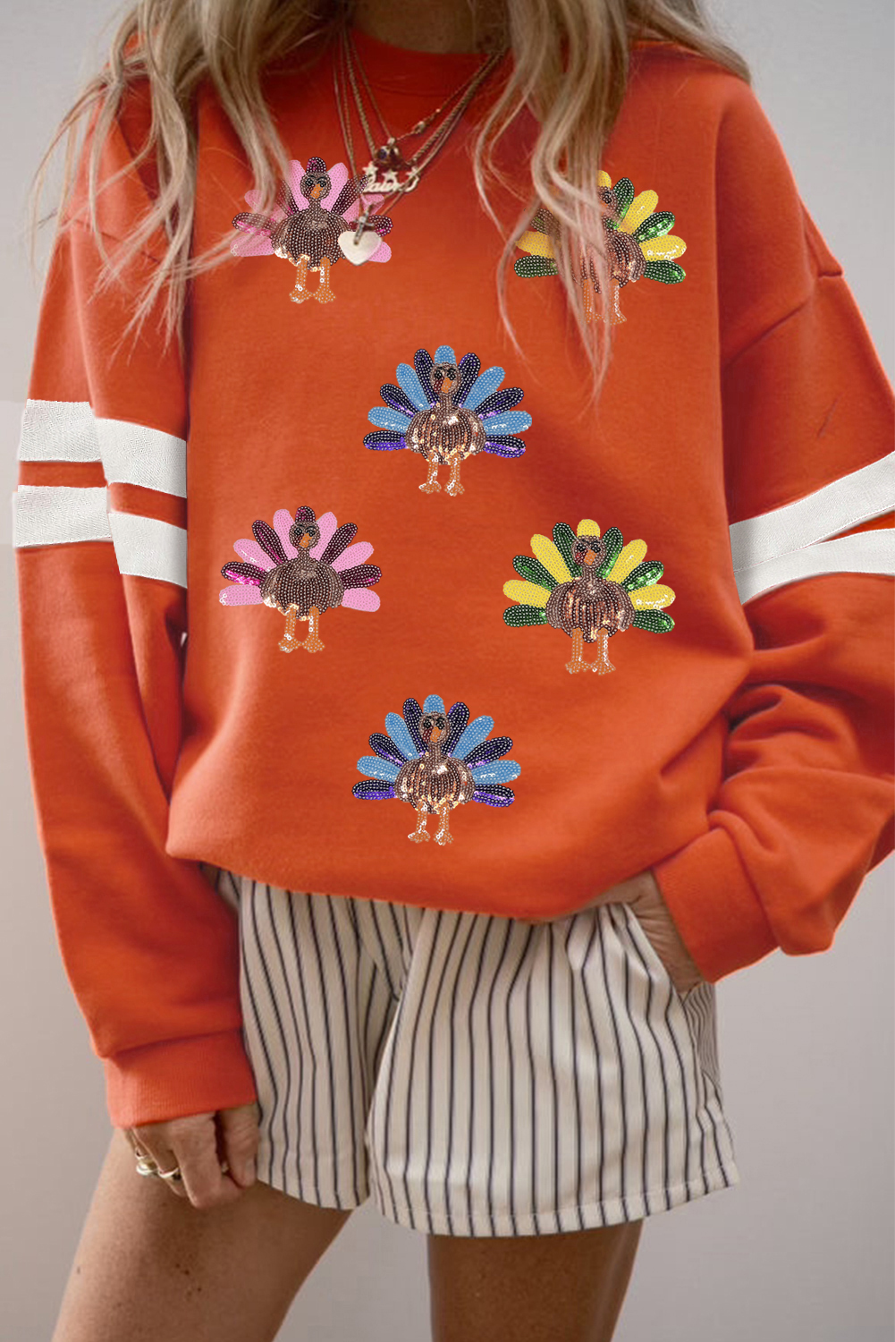 Orange Varsity Striped Sleeve Sequin Patched Thanksgiving Turkey Sweatshirt