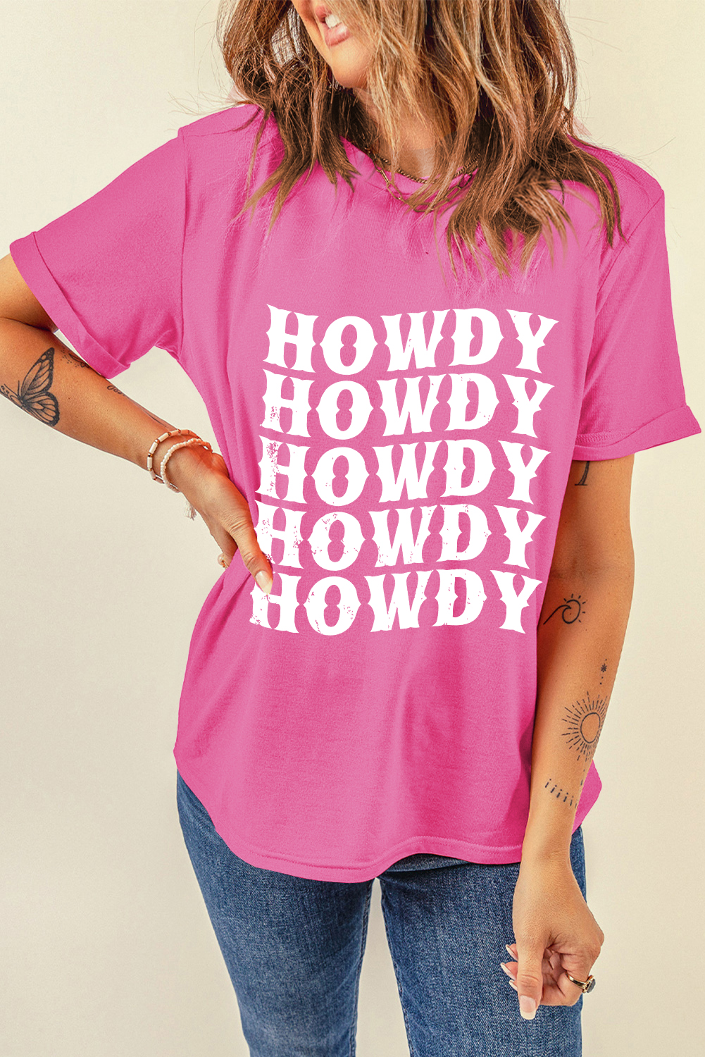 Sachet Pink HOWDY Graphic Western Crew Neck Tee