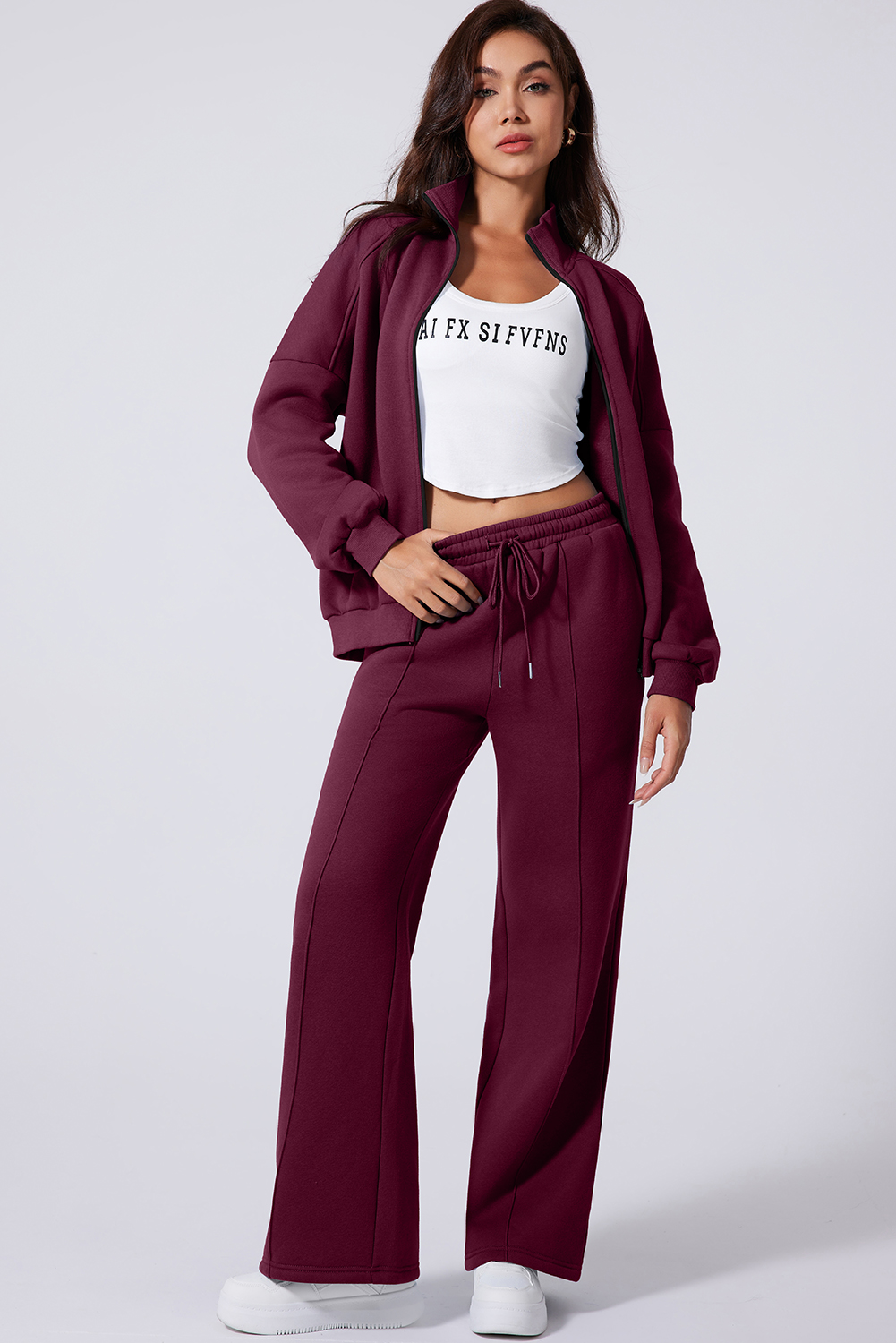 Navy Blue Drop Shoulder Zip Up Jacket Drawstring Pants Active 2pcs Set