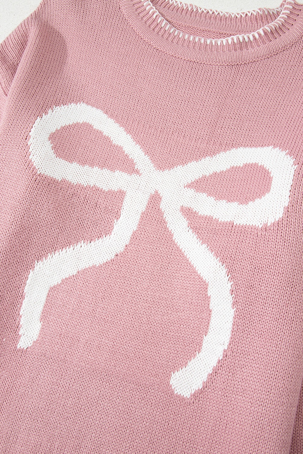 White Bow Pattern Contrast Trim Christmas Loose Graphic Sweater