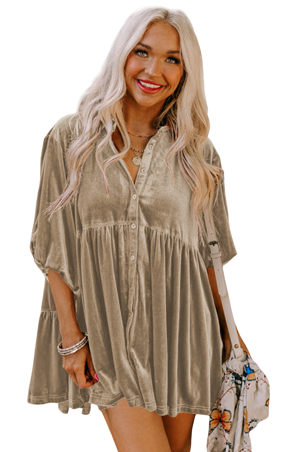 Burgundy 3/4 Sleeve Tunic Babydoll Velvet Shirt