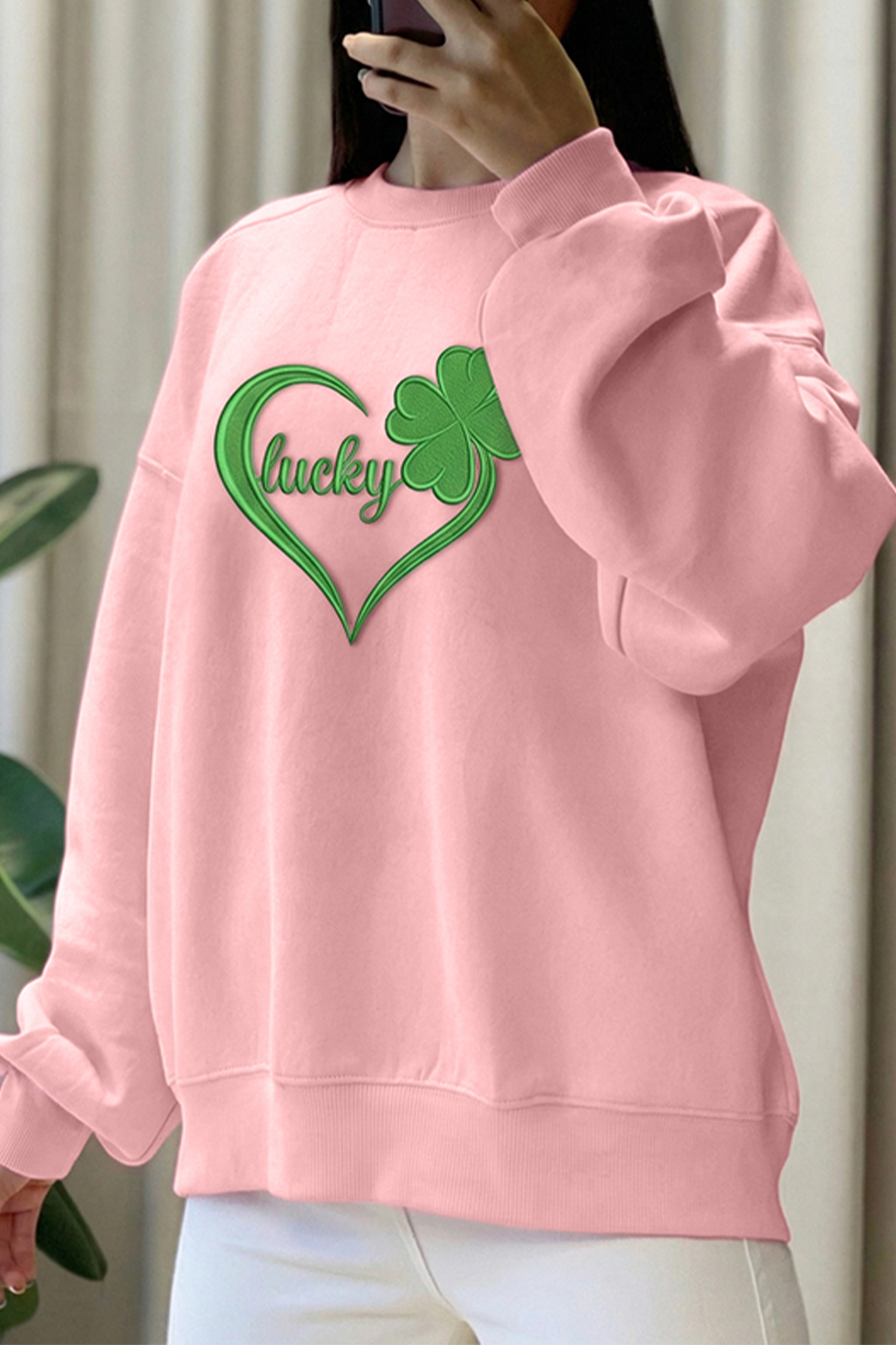Pink Lucky Clover Heart Puff Embroidered Graphic Sweatshirt