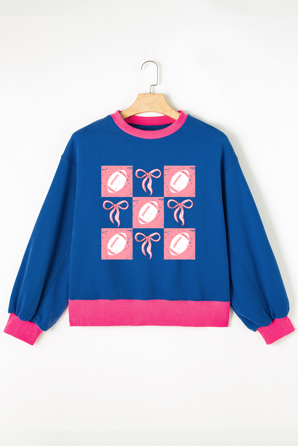 Blue Rugby Bowknot Graphic Game Day Contrast Trim Drop Shoulder Casual Sweatshirt