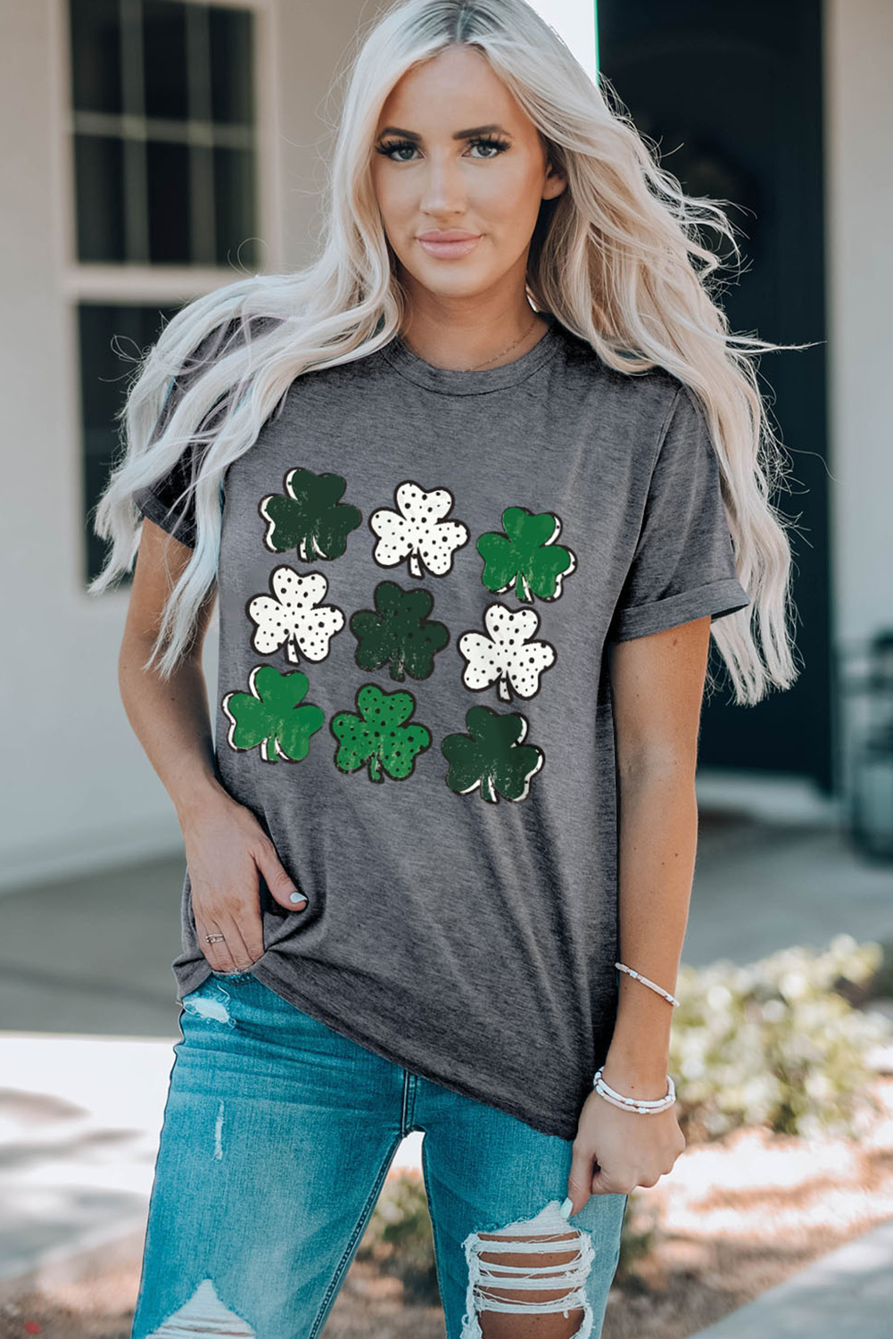 Black St. Patricks Lucky Clover Print O Neck T Shirt