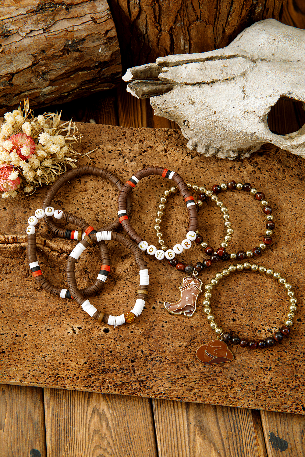 Coffee HOWDY COWGIRL Western Beaded 7pcs Stretch Bracelet Set