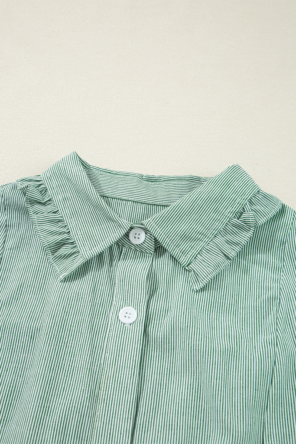 Green Stripe Frilled Sleeveless Collar Front Pocket Button Up Mini Dress