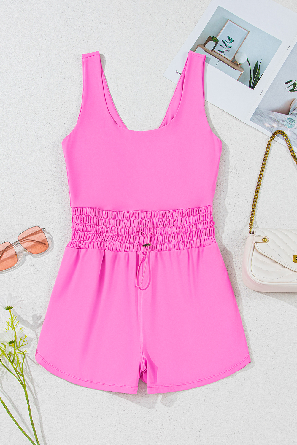 Black Plain Sleeveless Loop Drawstring Cinched Waist Romper